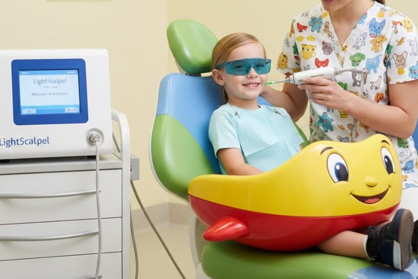 Young child wearing protective glasses during a pediatric laser dental procedure, seated in a colorful airplane-themed dental chair with a LightScalpel laser device nearby.